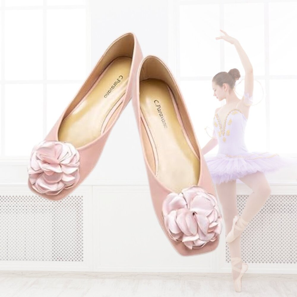 NWT - C. Paravano Eva - Square-toe Ballet Flats w/Flower Detail - Pink